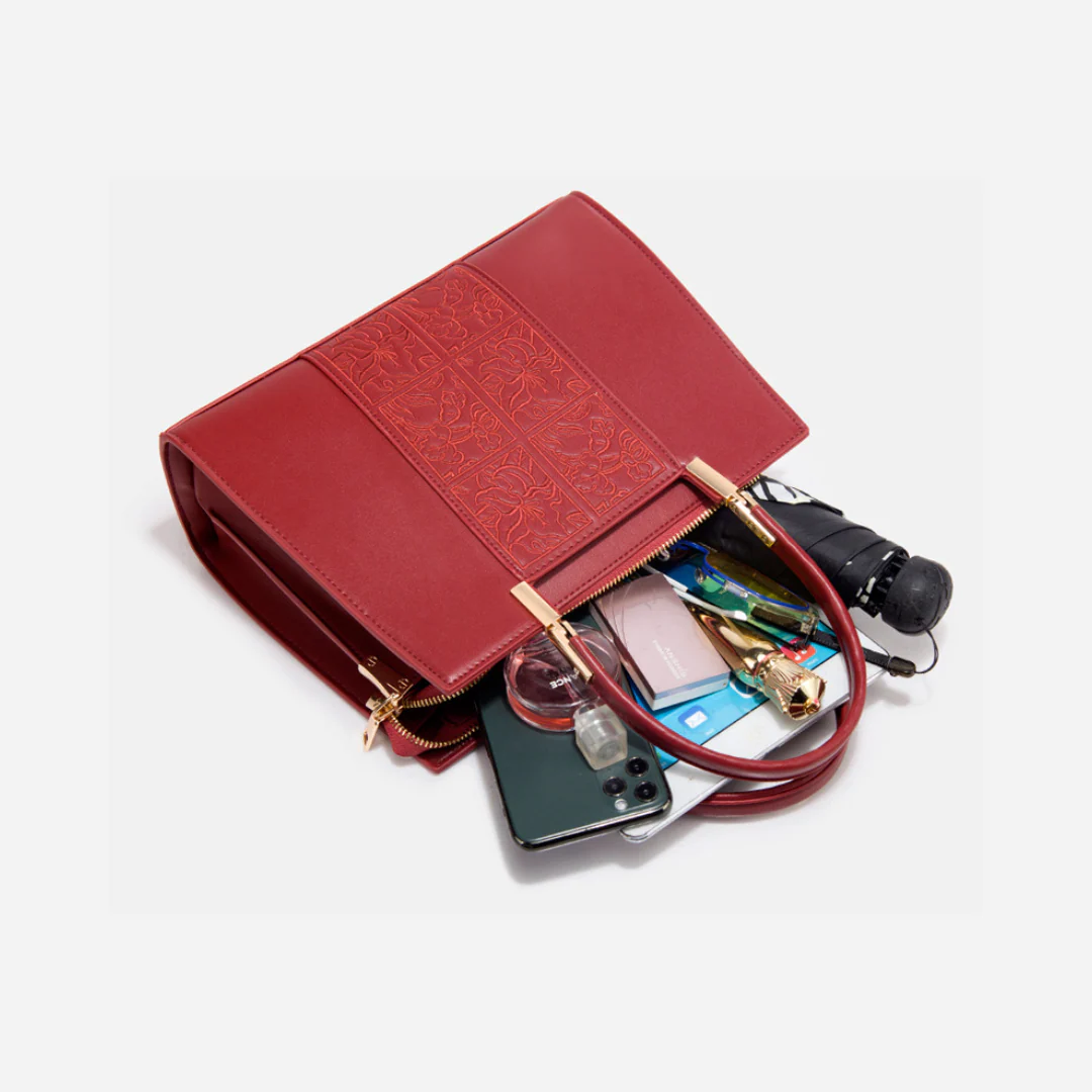 Tang Red 29 Embossed Floral Tote - Image 10