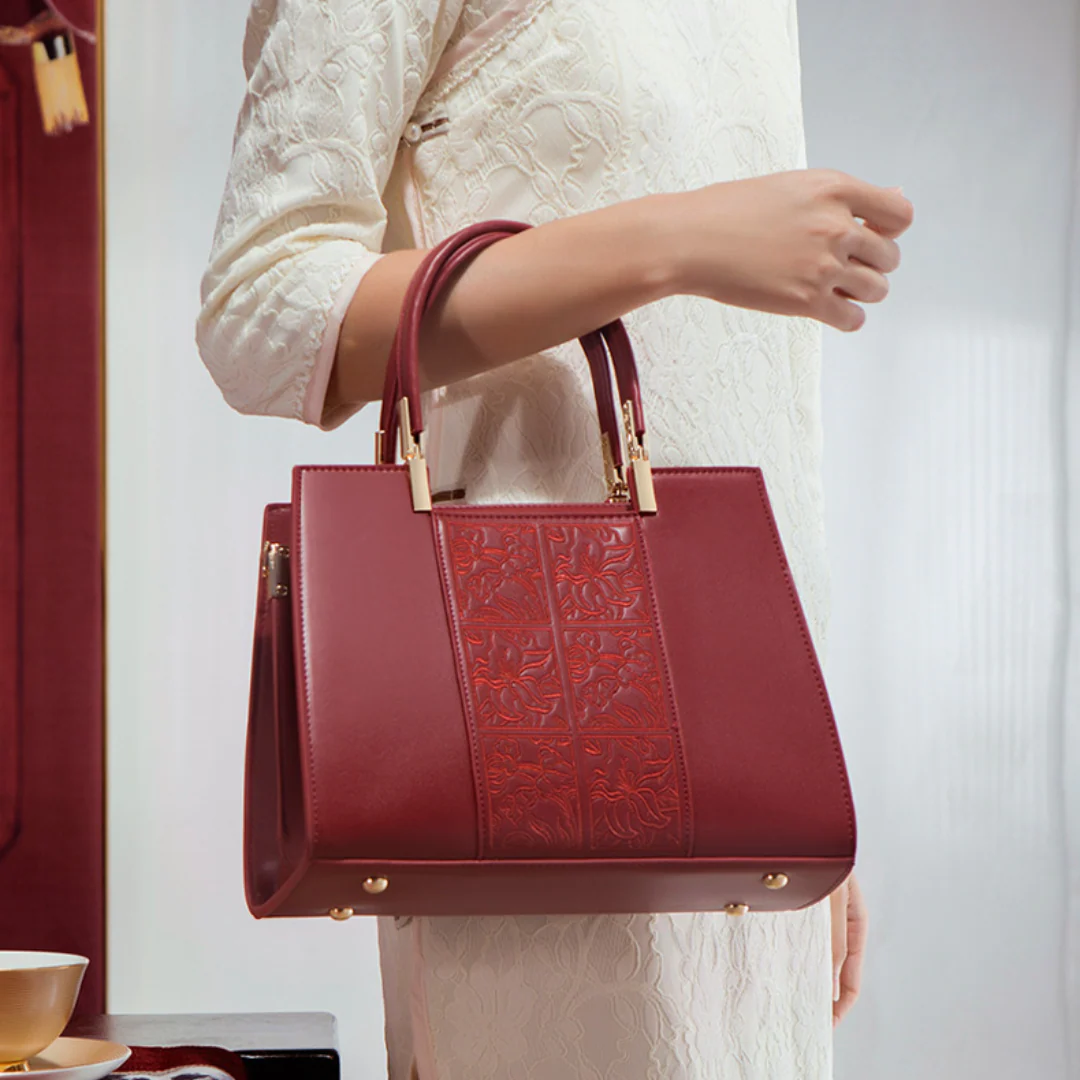 Tang Red 29 Embossed Floral Tote - Image 3