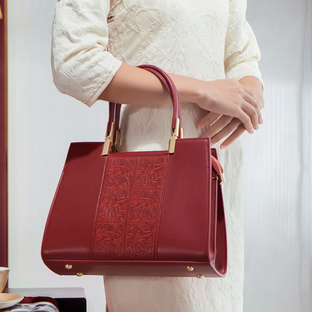 Tang Red 29 Embossed Floral Tote - Image 4