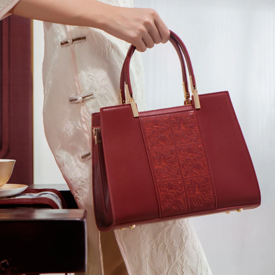 Tang Red 29 Embossed Floral Tote - Image 6