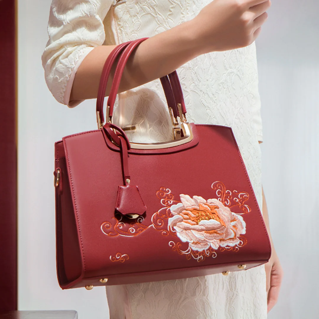 Tang Red 29 Embroidered Peony Tote II - Image 4