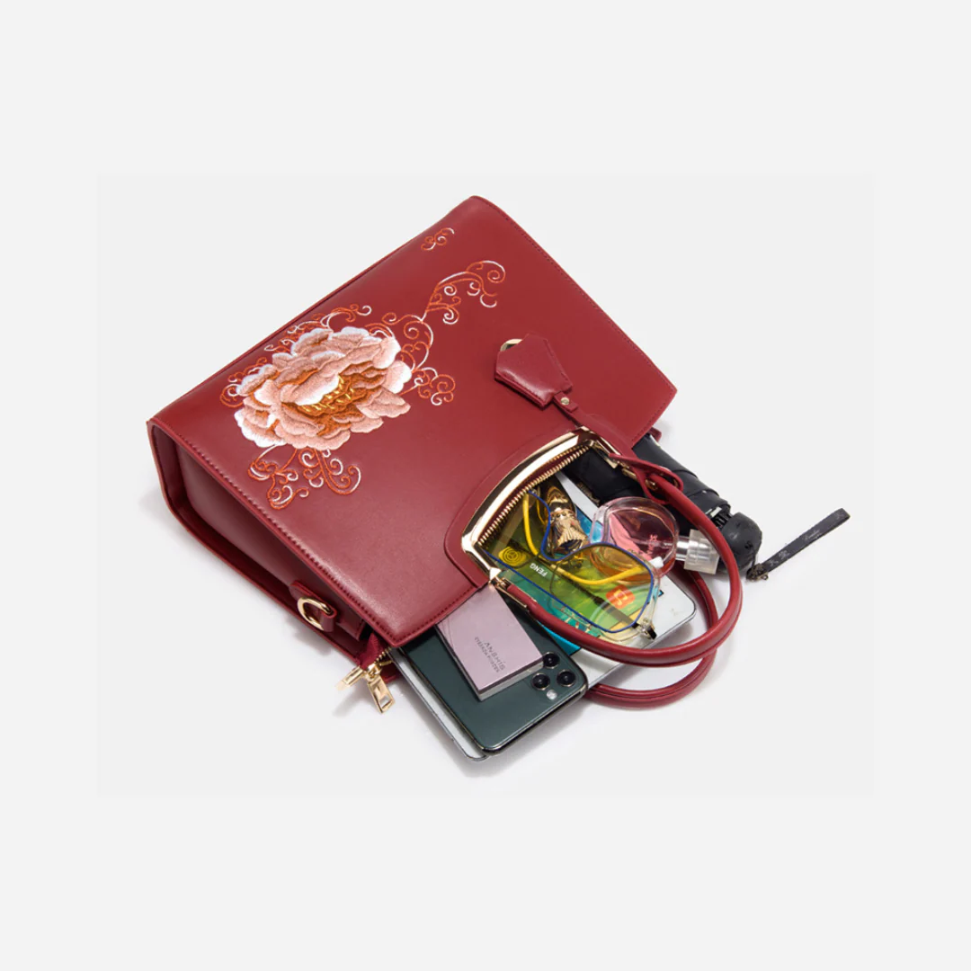 Tang Red 29 Embroidered Peony Tote II - Image 9